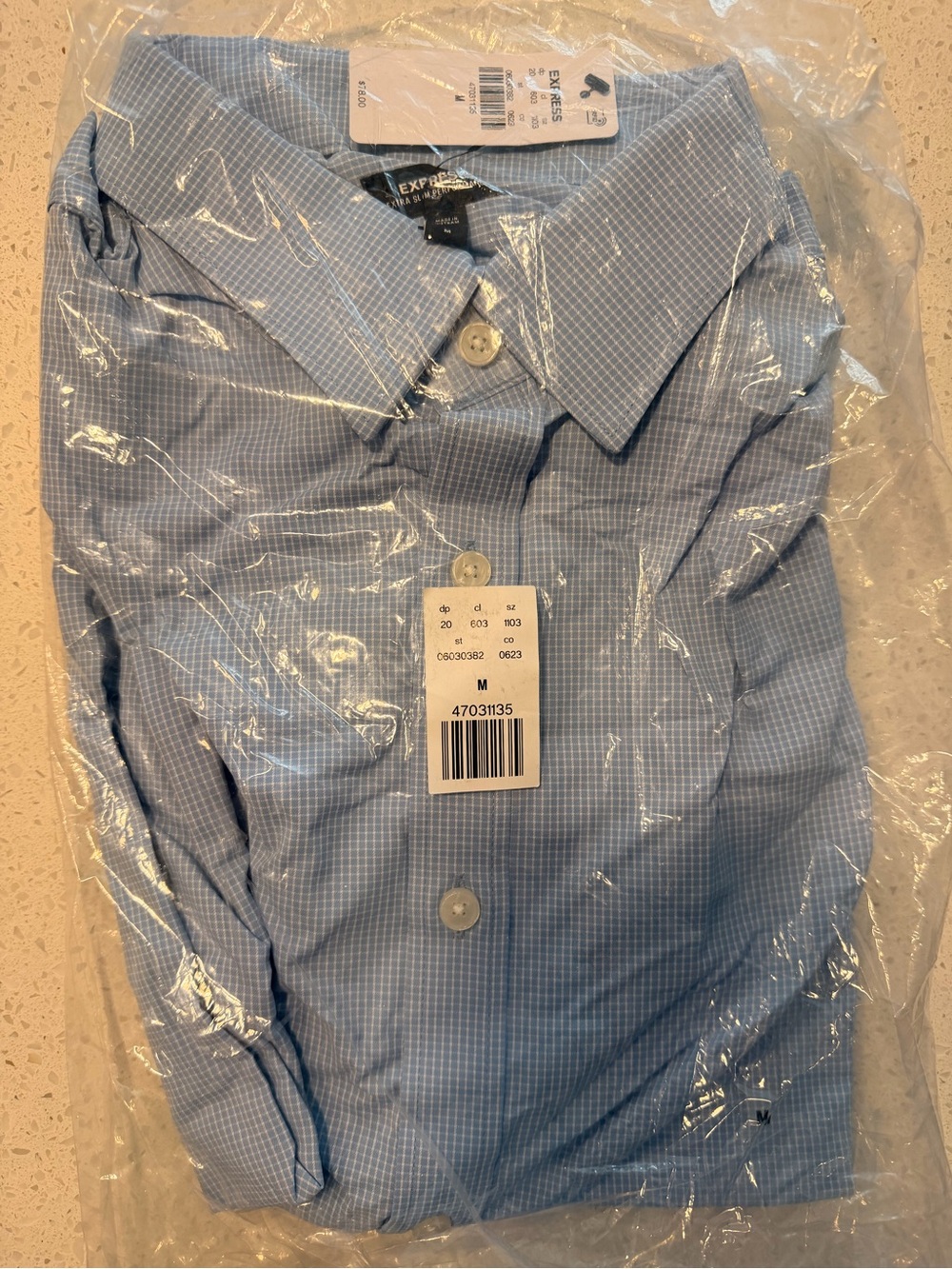 NWT Express Men's Extra Slim Performance Light Blue Micro-Check Dress Shirt